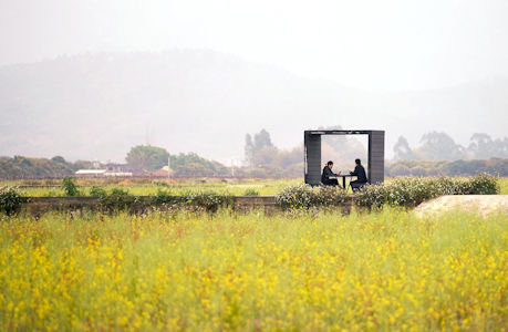 花田設有蓋座位，遊人走累了，可以坐下來賞花。